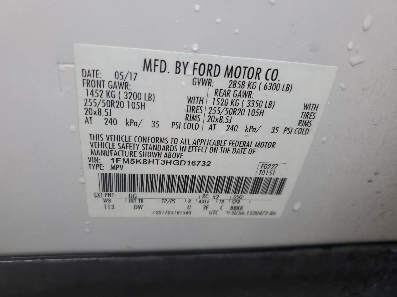 2017 Ford Explorer VIN 1FM5K8HT3HGD16732 Copart auction photo, front end / side damage thumbnail 13