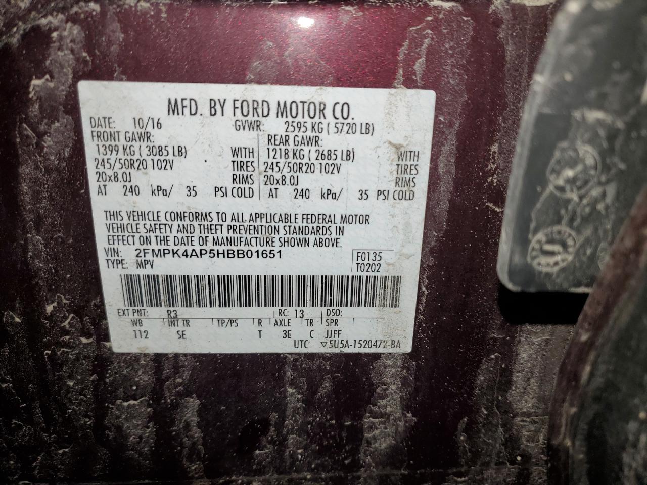 2017 Ford Edge VIN 2FMPK4AP5HBB01651 Copart auction photo, front end damage thumbnail 13