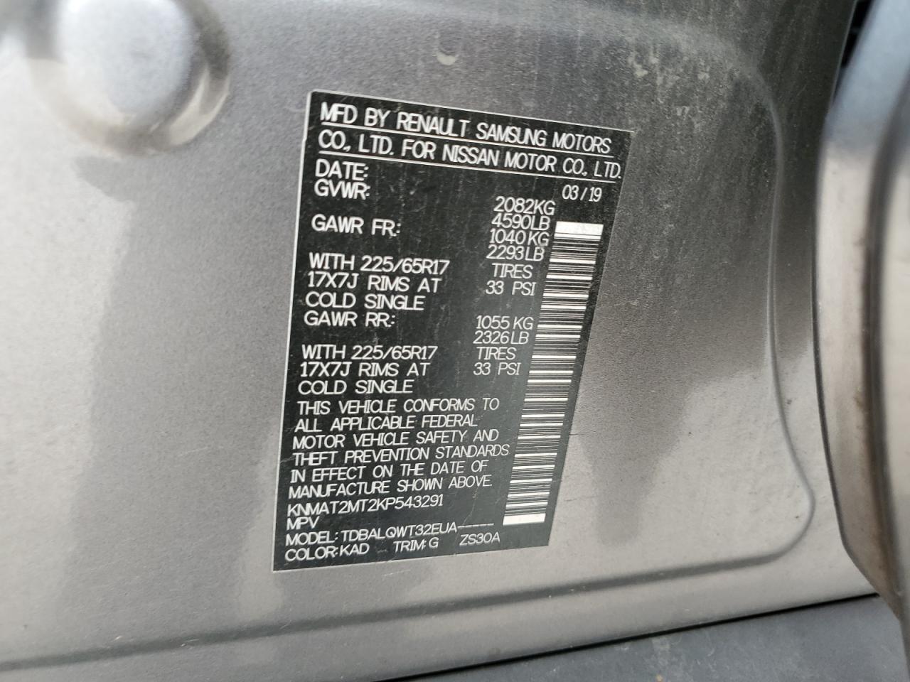 2019 Nissan Rogue VIN KNMAT2MT2KP543291 Copart auction photo, front end / hail damage thumbnail 14