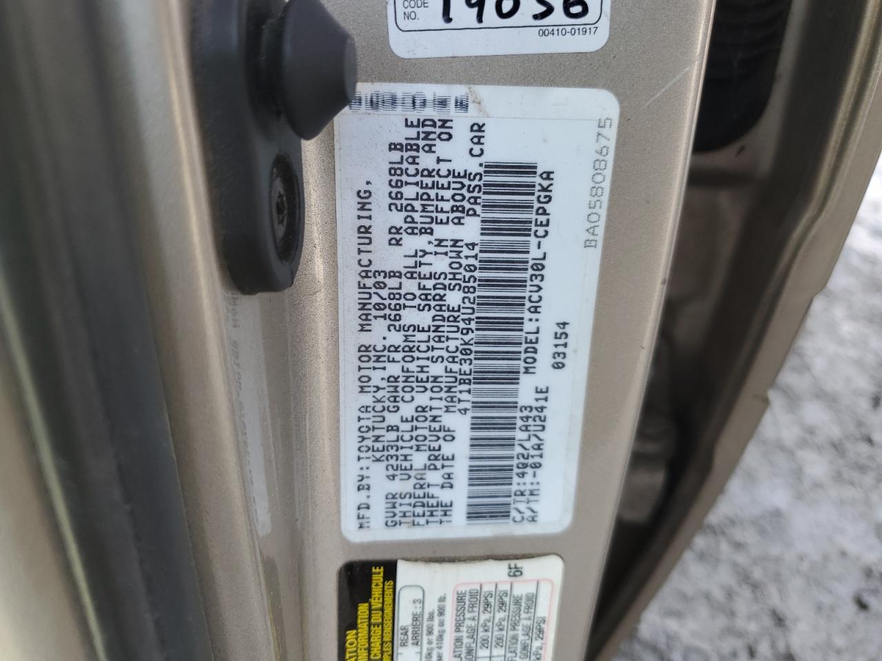 2004 Toyota Camry VIN 4T1BE30K94U285014 Copart auction photo, all over / undercarriage damage thumbnail 12