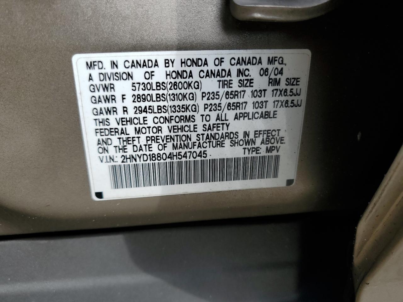 2004 Acura MDX VIN 2HNYD18804H547045 Copart auction photo, rear end damage thumbnail 13