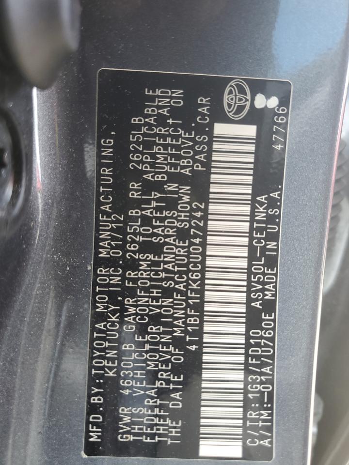 2012 Toyota Camry VIN 4T1BF1FK6CU047242 Copart auction photo, front end damage thumbnail 13