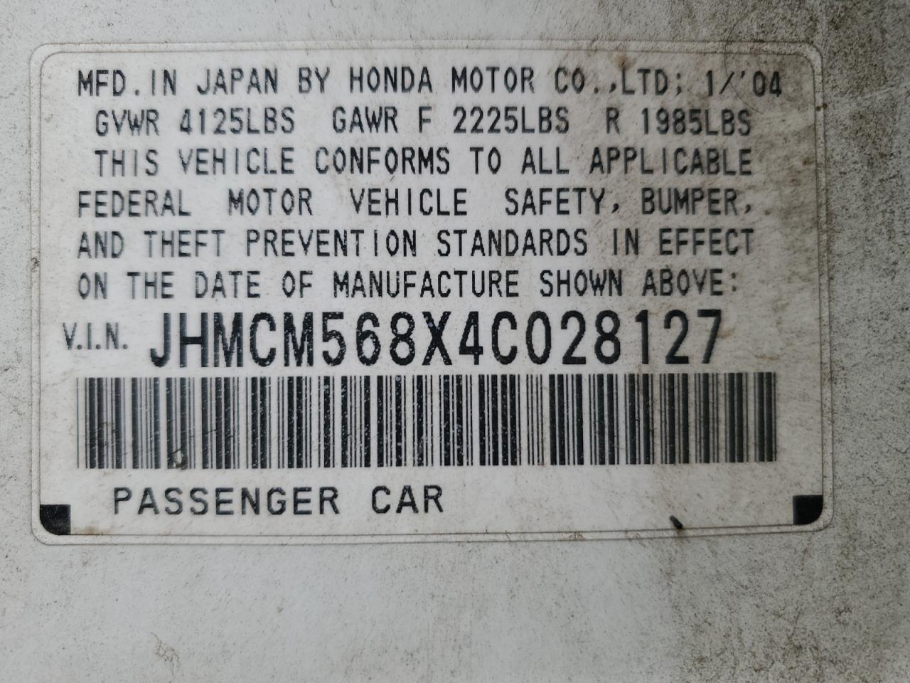2004 Honda Accord VIN JHMCM568X4C028127 Copart auction photo, mechanical / damage history damage thumbnail 12