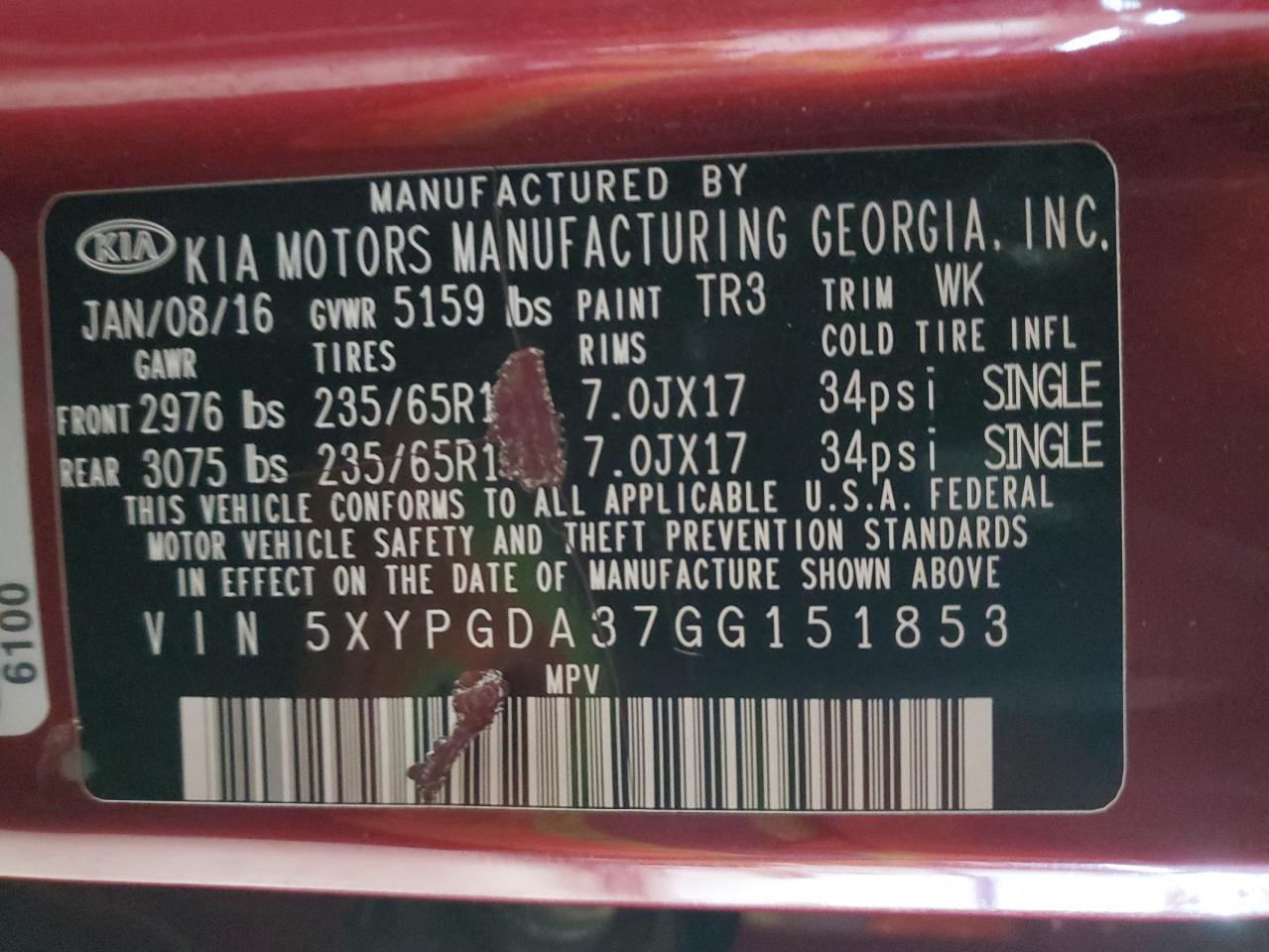 2016 KIA Sorento VIN 5XYPGDA37GG151853 Copart auction photo, front end damage thumbnail 13