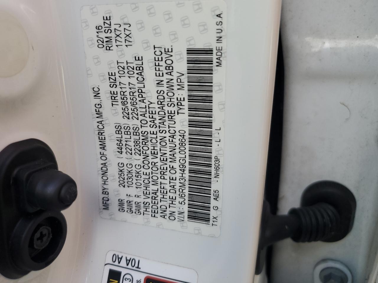 2016 Honda CR-V VIN 5J6RM3H49GL008640 Copart auction photo, water/flood damage thumbnail 14
