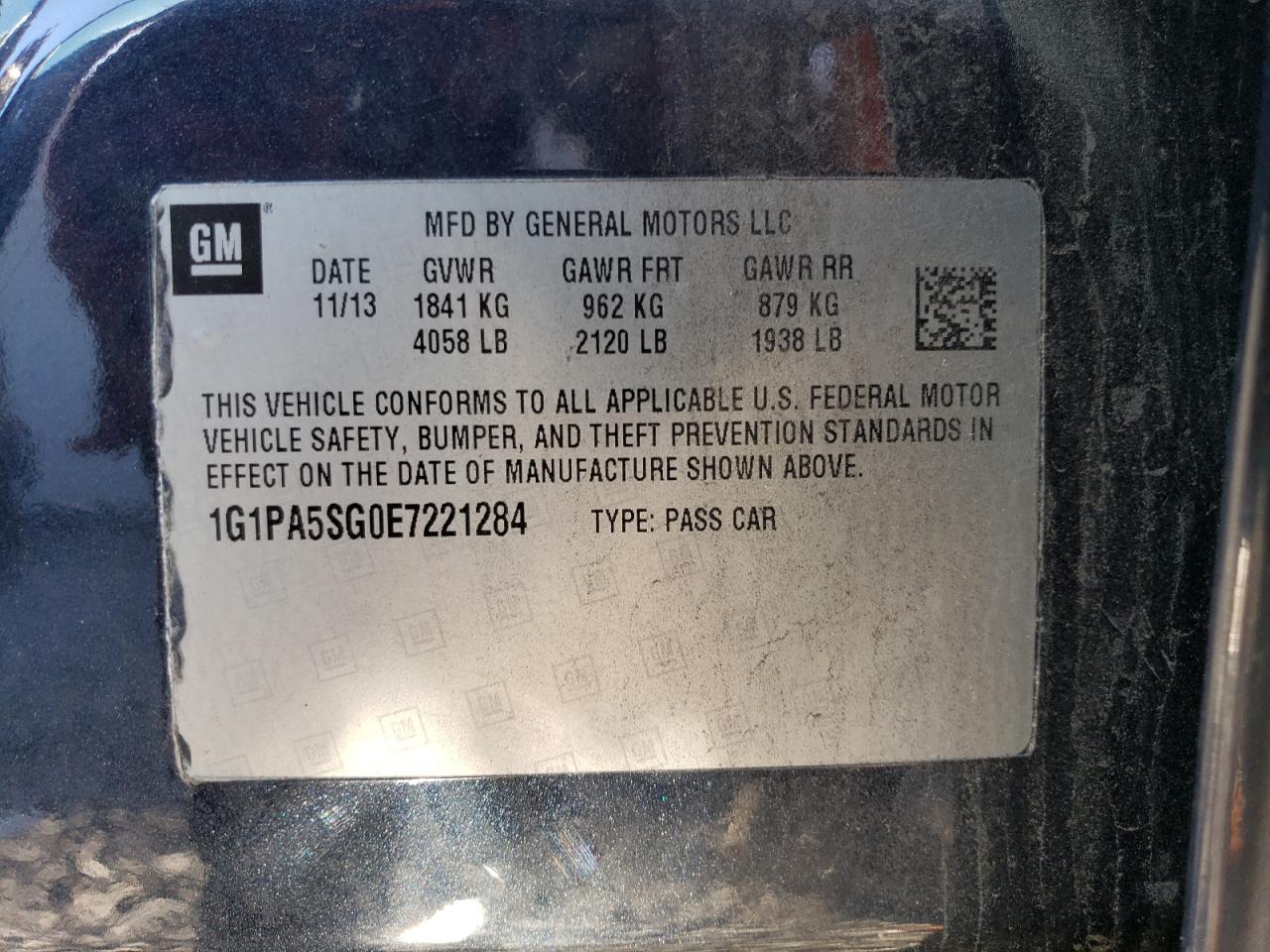 2014 Chevrolet Cruze VIN 1G1PA5SG0E7221284 Copart auction photo, rear end damage thumbnail 12