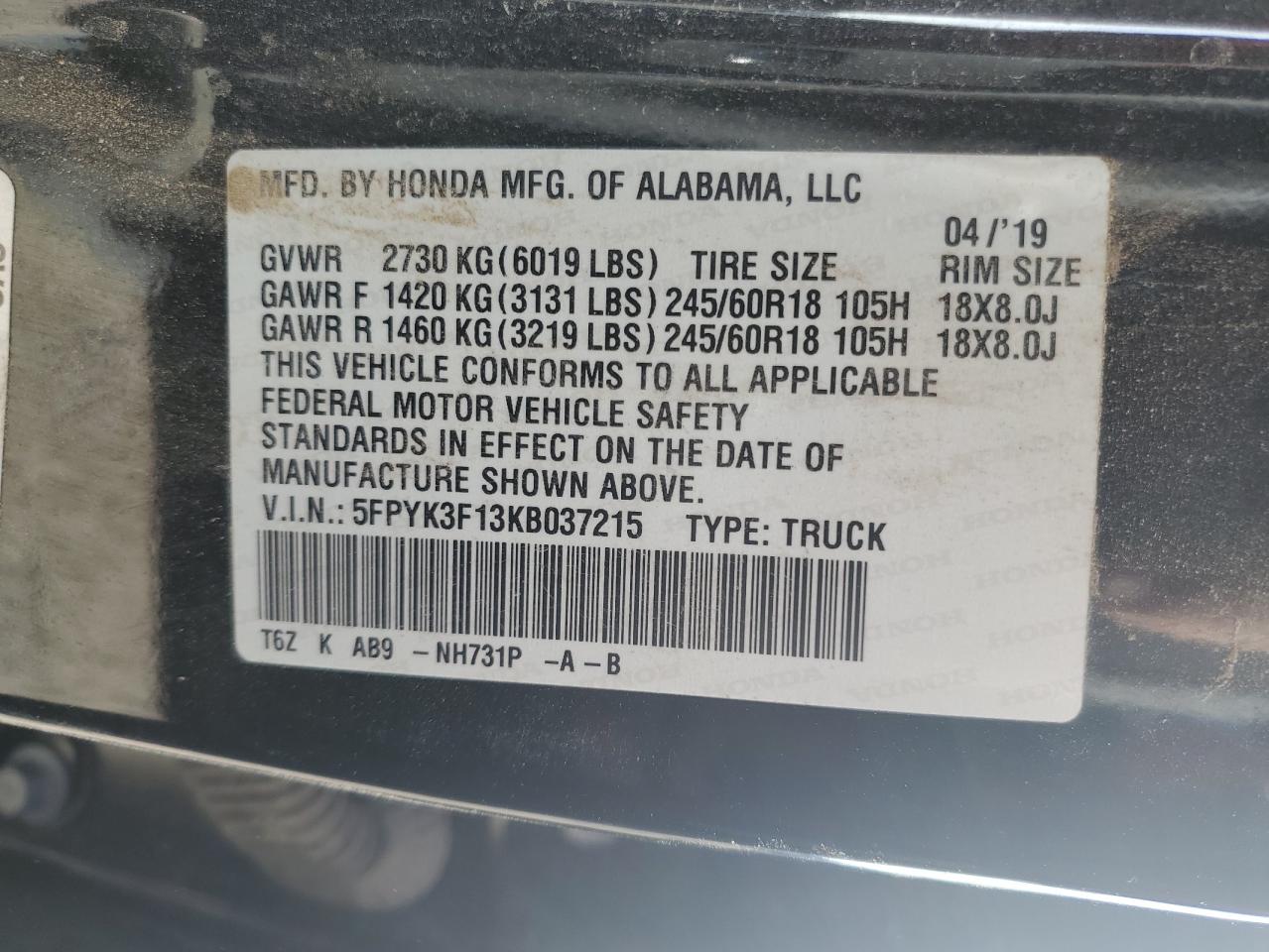 2019 Honda Ridgeline VIN 5FPYK3F13KB037215 Copart auction photo, front end / side damage thumbnail 14