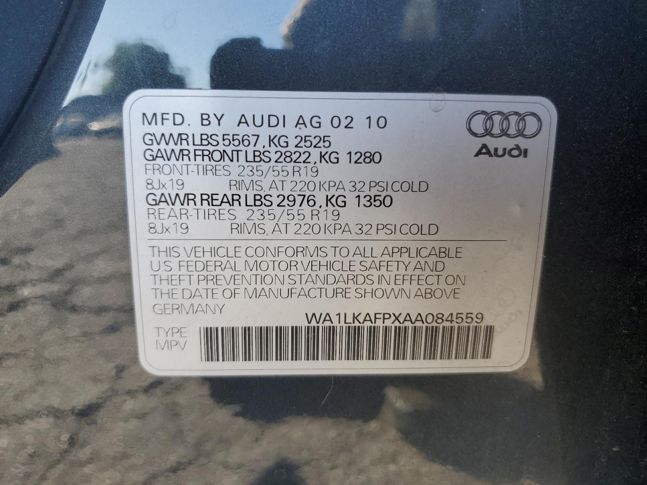 2010 Audi Q5 VIN WA1LKAFPXAA084559 Copart auction photo, normal wear damage thumbnail 13