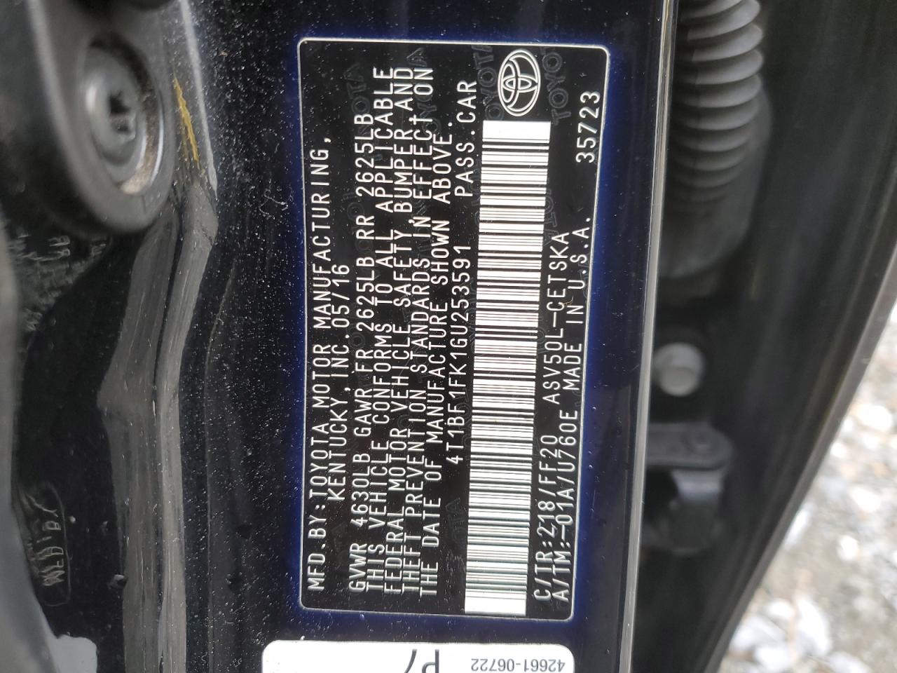 2016 Toyota Camry VIN 4T1BF1FK1GU253591 Copart auction photo, rear end / front end damage thumbnail 12