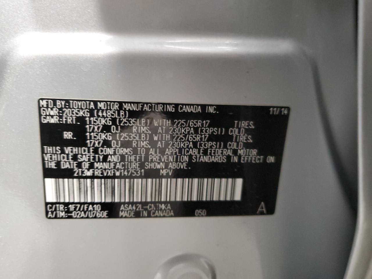 2015 Toyota RAV 4 VIN 2T3WFREVXFW147531 Copart auction photo, front end / rear end damage thumbnail 13