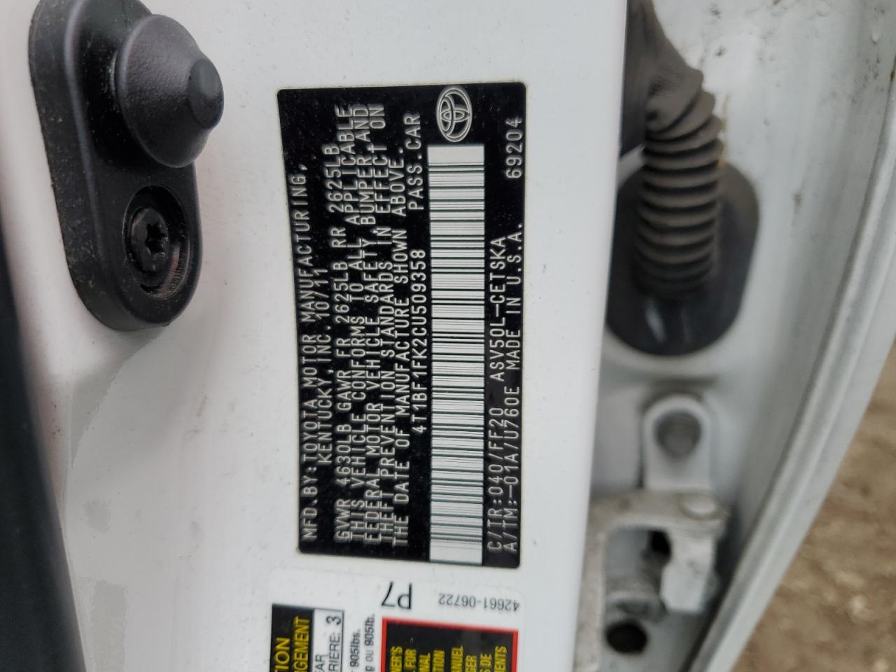 2012 Toyota Camry VIN 4T1BF1FK2CU509358 Copart auction photo, rear end / side damage thumbnail 12
