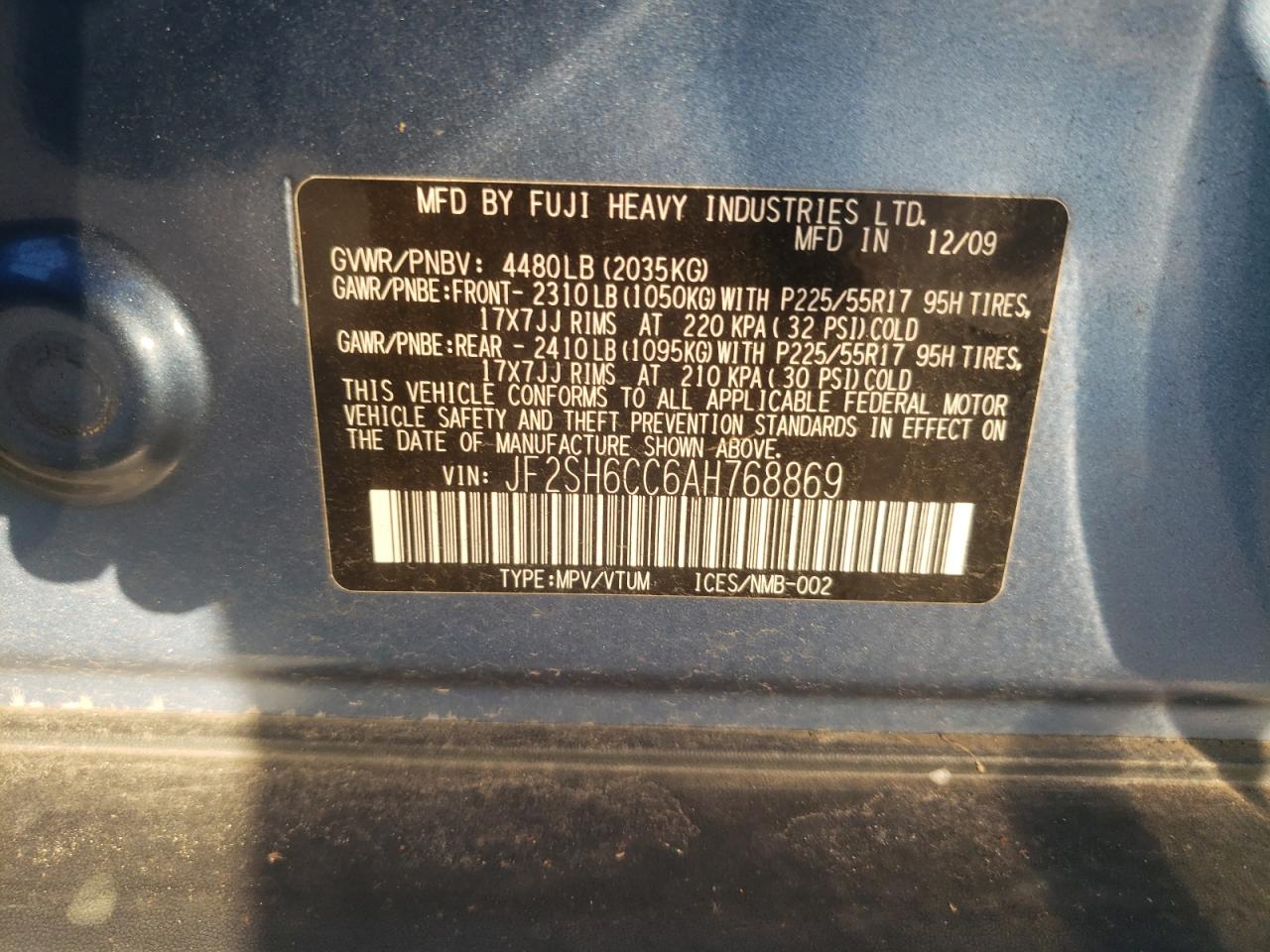 2010 Subaru Forester VIN JF2SH6CC6AH768869 Copart auction photo, mechanical damage thumbnail 13
