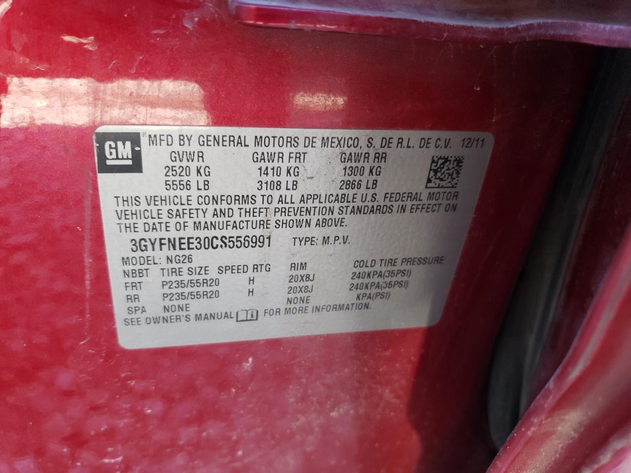 2012 Cadillac SRX VIN 3GYFNEE30CS556991 Copart auction photo, front end / rear end damage thumbnail 14