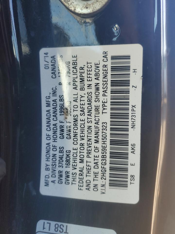 2014 Honda Civic VIN 2HGFG3B59EH507323 Copart auction photo, biohazard/chemical / front end damage thumbnail 12