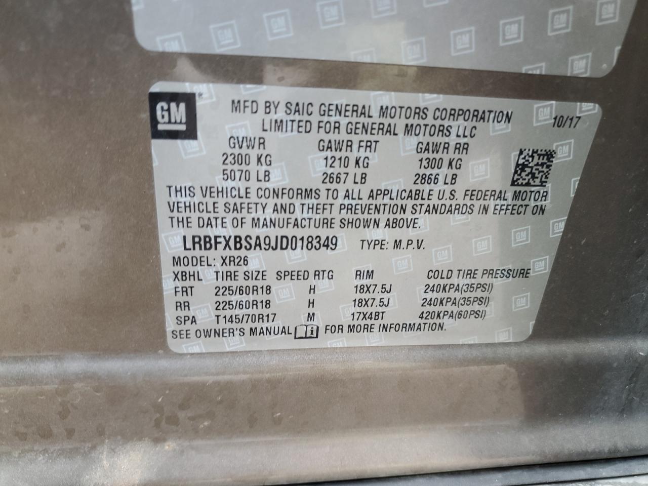 2018 Buick Envision VIN LRBFXBSA9JD018349 Copart auction photo, front end damage thumbnail 13
