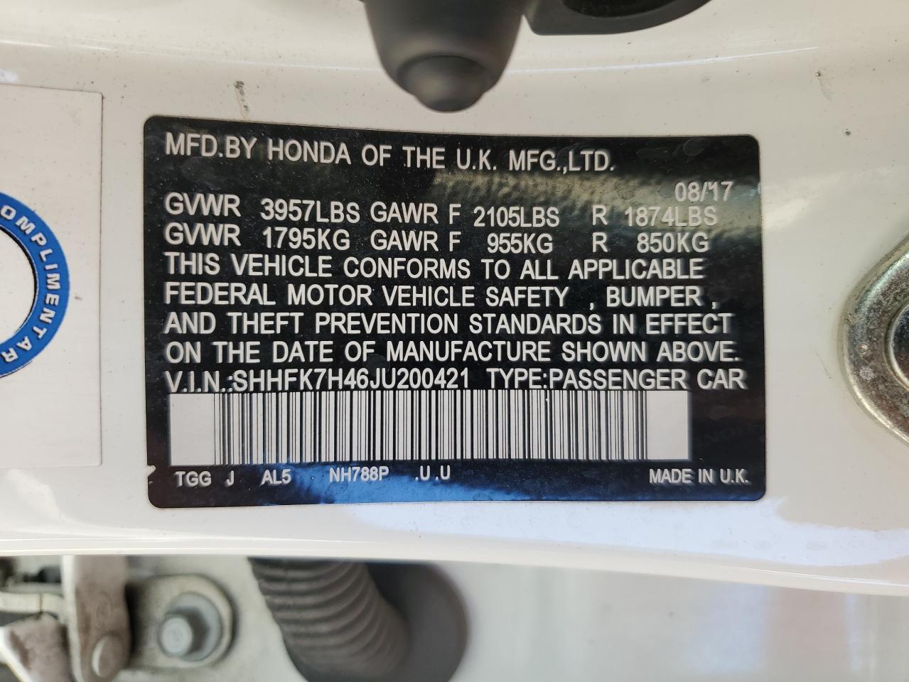 2018 Honda Civic VIN SHHFK7H46JU200421 Copart auction photo, water/flood damage thumbnail 13