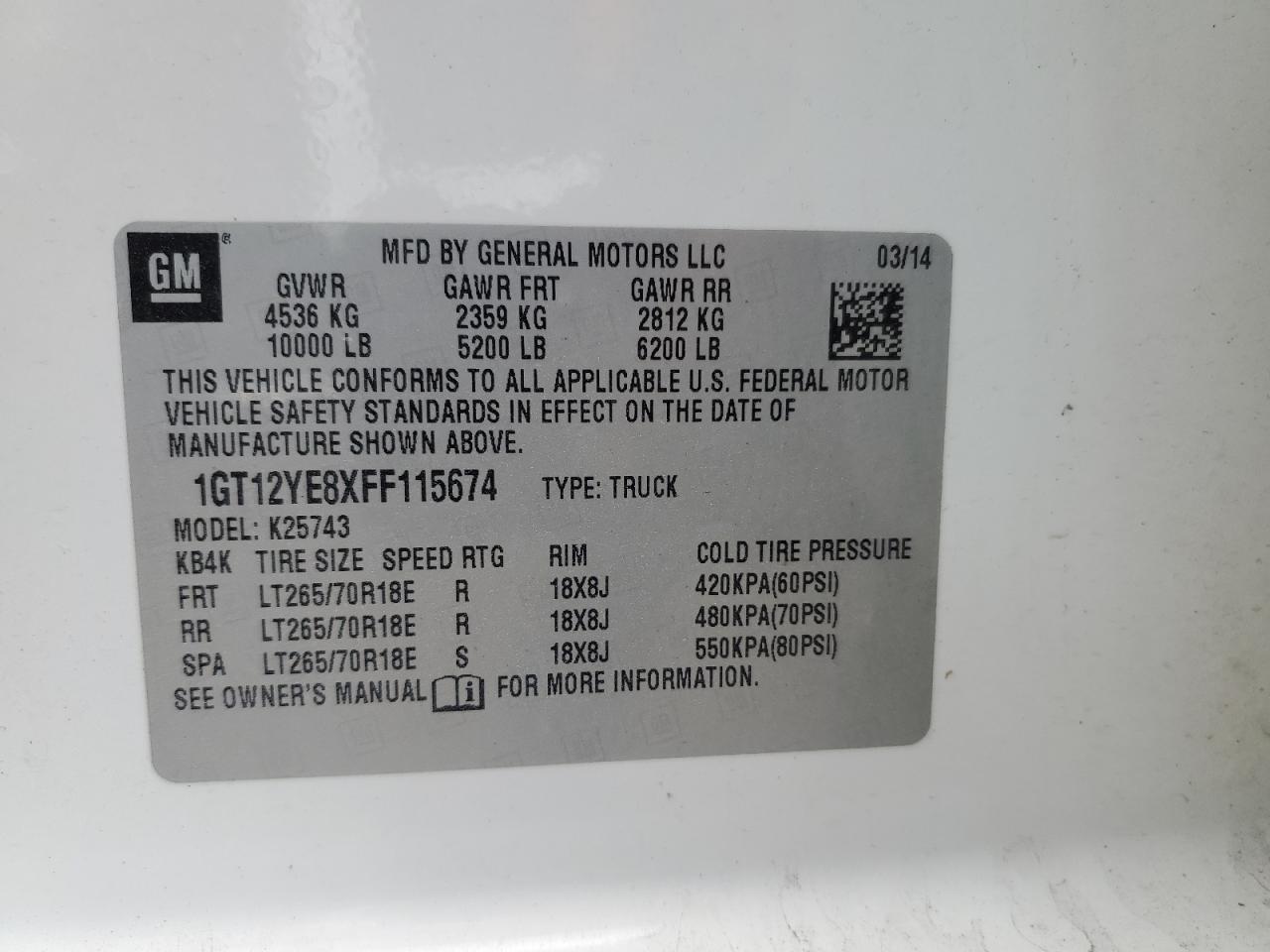 2015 GMC Sierra VIN 1GT12YE8XFF115674 Copart auction photo, front end damage thumbnail 12