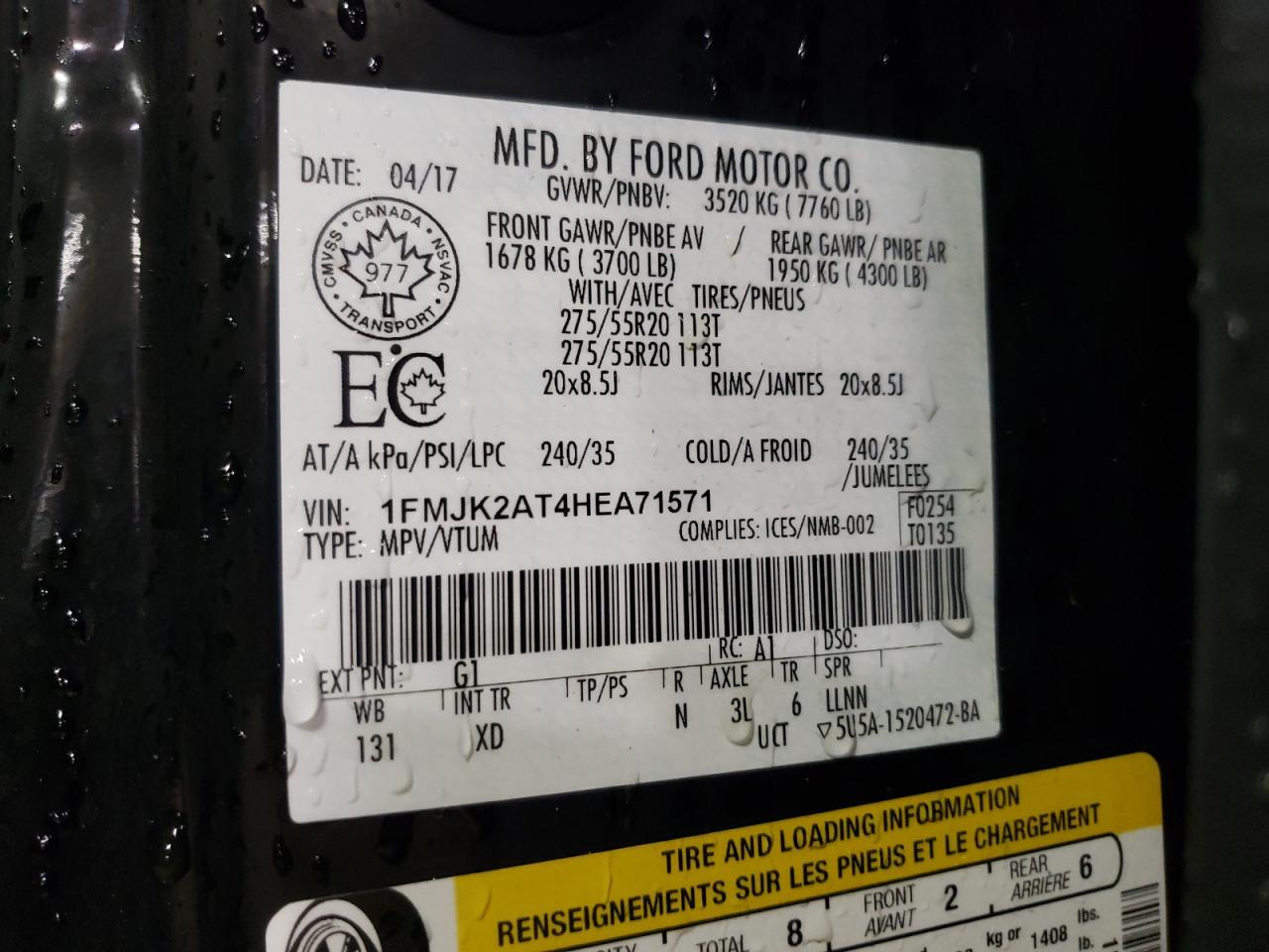 2017 Ford Expedition VIN 1FMJK2AT4HEA71571 Copart auction photo, front end damage thumbnail 13
