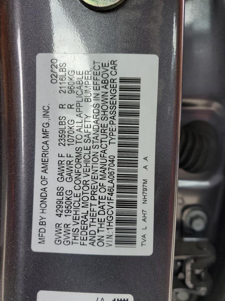 2020 Honda Accord VIN 1HGCV1F46LA067040 Copart auction photo, front end / minor dent/scratches damage thumbnail 14