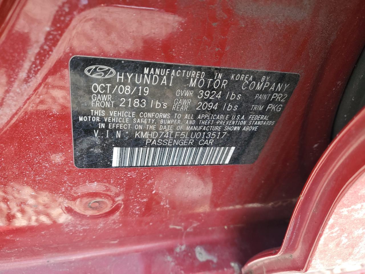 2020 Hyundai Elantra VIN KMHD74LF5LU013517 Copart auction photo, front end / side damage thumbnail 12