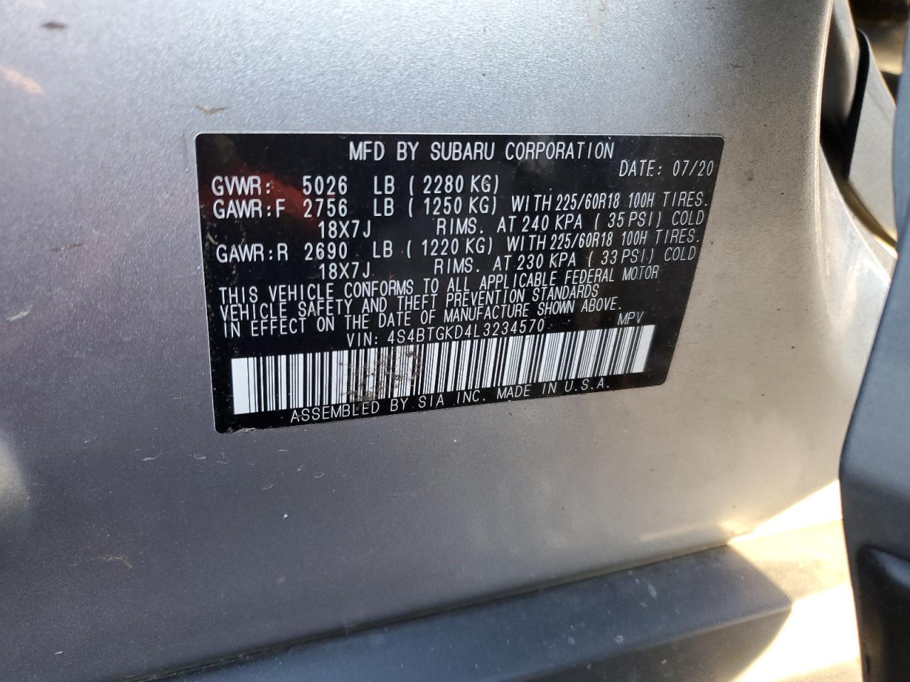 2020 Subaru Outback VIN 4S4BTGKD4L3234570 Copart auction photo, side / front end damage thumbnail 16