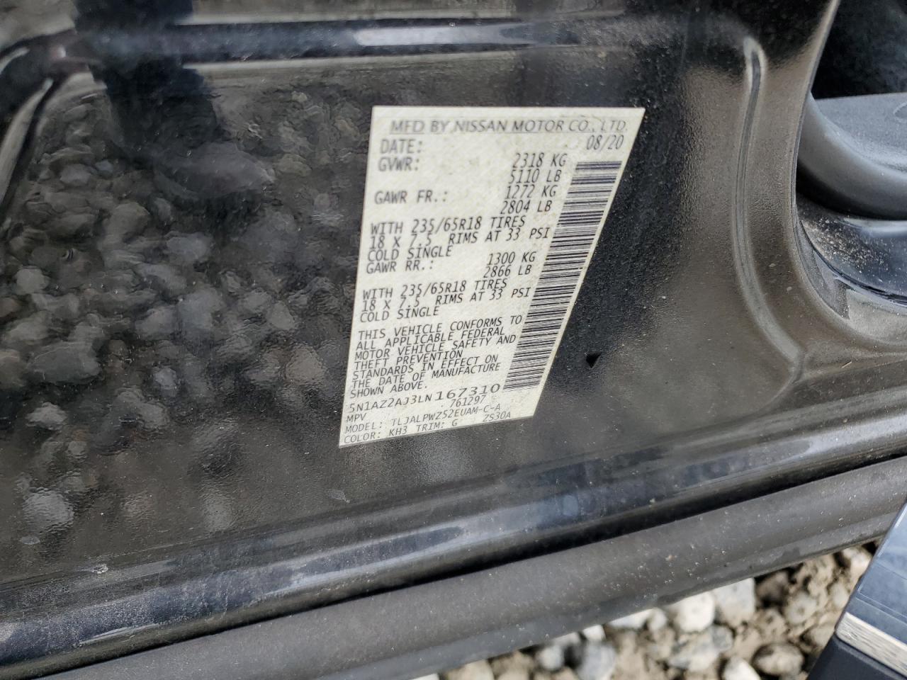2020 Nissan Murano VIN 5N1AZ2AJ3LN167310 Copart auction photo, front end damage thumbnail 14