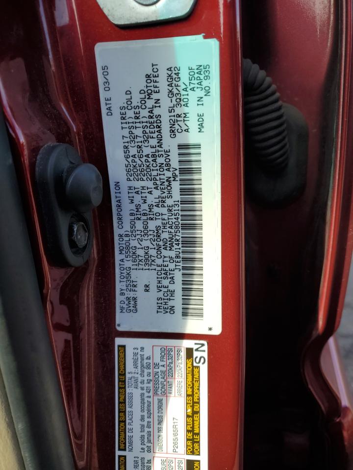 2005 Toyota 4Runner VIN JTEBU14R758045131 Copart auction photo, rear end damage thumbnail 12