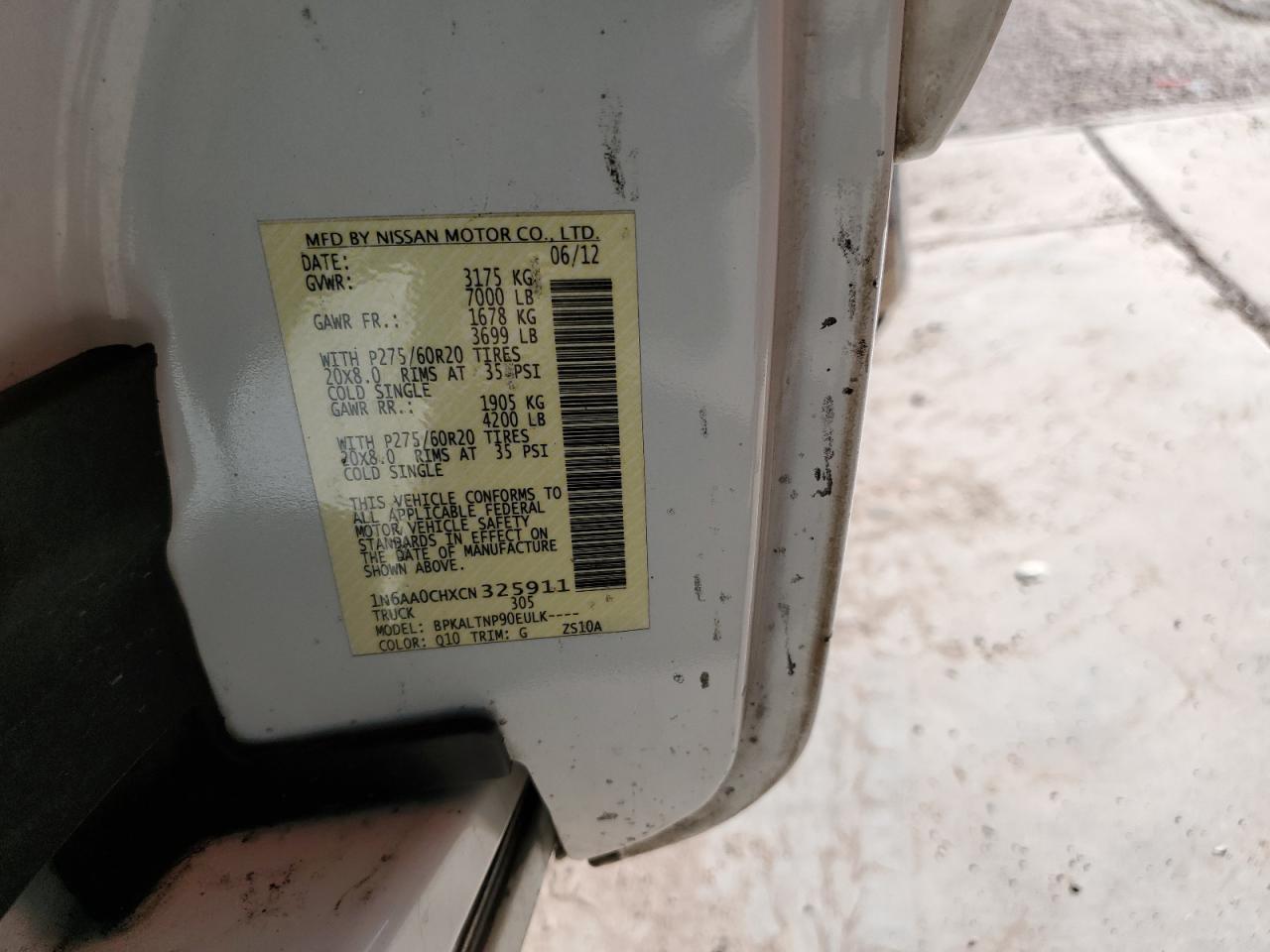 2012 Nissan Titan VIN 1N6AA0CHXCN325911 Copart auction photo, front end damage thumbnail 12