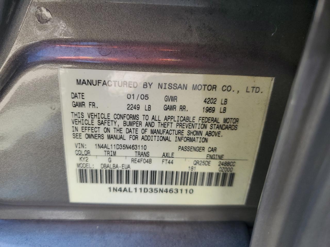 2005 Nissan Altima VIN 1N4AL11D35N463110 Copart auction photo, front end damage thumbnail 12