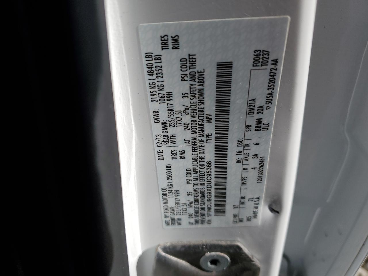 2013 Ford Escape VIN 1FMCU9G9XDUC95368 Copart auction photo, front end damage thumbnail 15