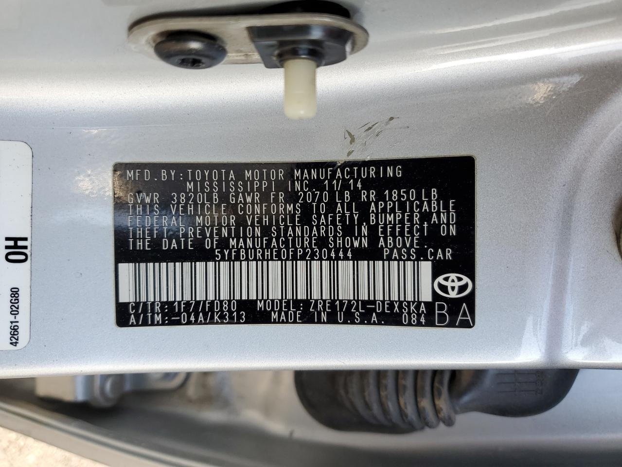 2015 Toyota Corolla VIN 5YFBURHE0FP230444 Copart auction photo, side / undercarriage damage thumbnail 14