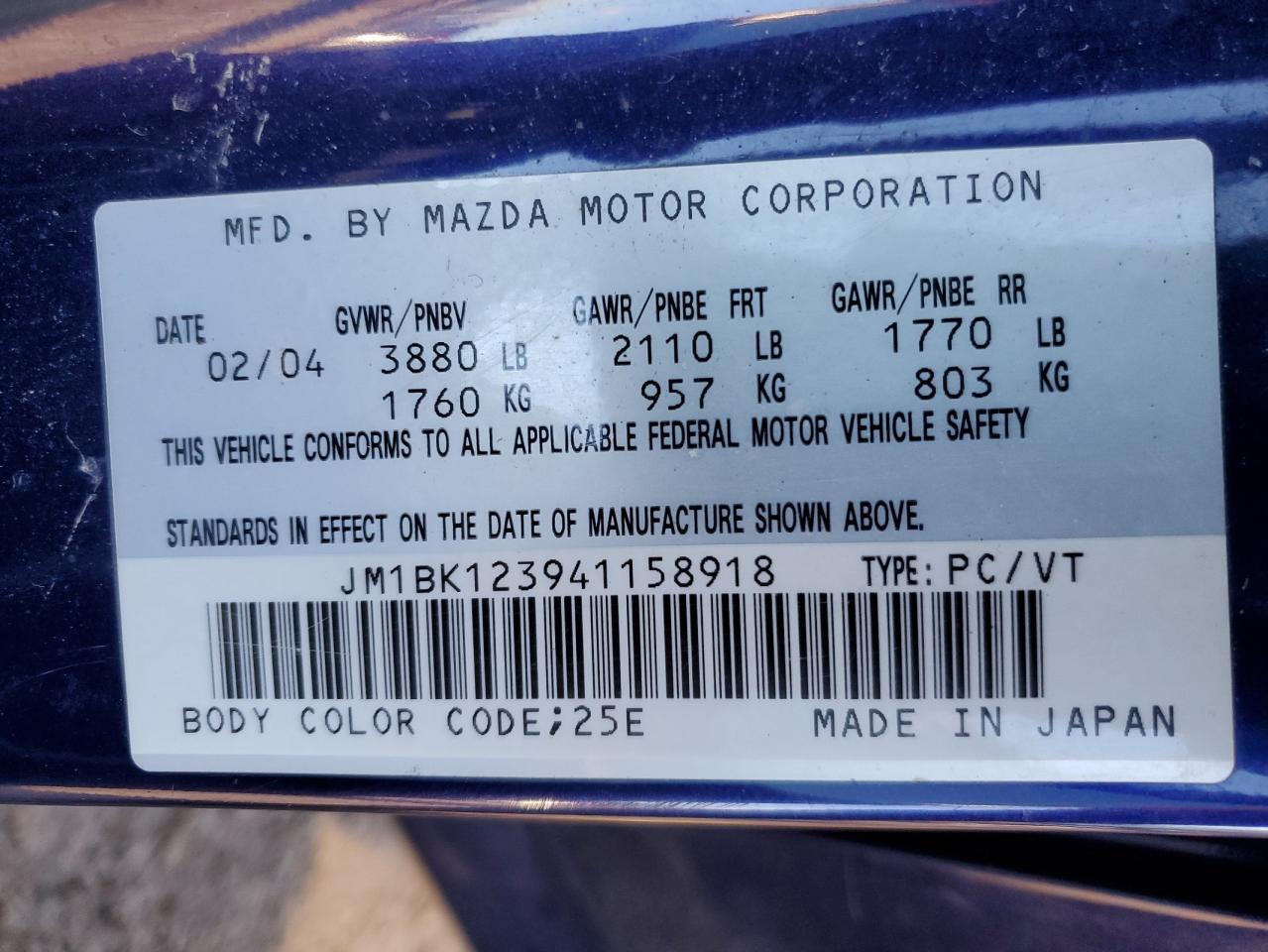 2004 Mazda 3 VIN JM1BK123941158918 Copart auction photo, front end / side damage thumbnail 12