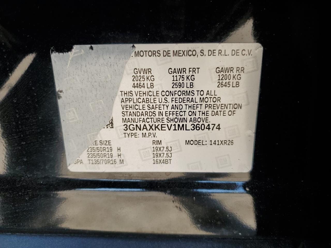 2021 Chevrolet Equinox VIN 3GNAXKEV1ML360474 Copart auction photo, rear end / side damage thumbnail 14