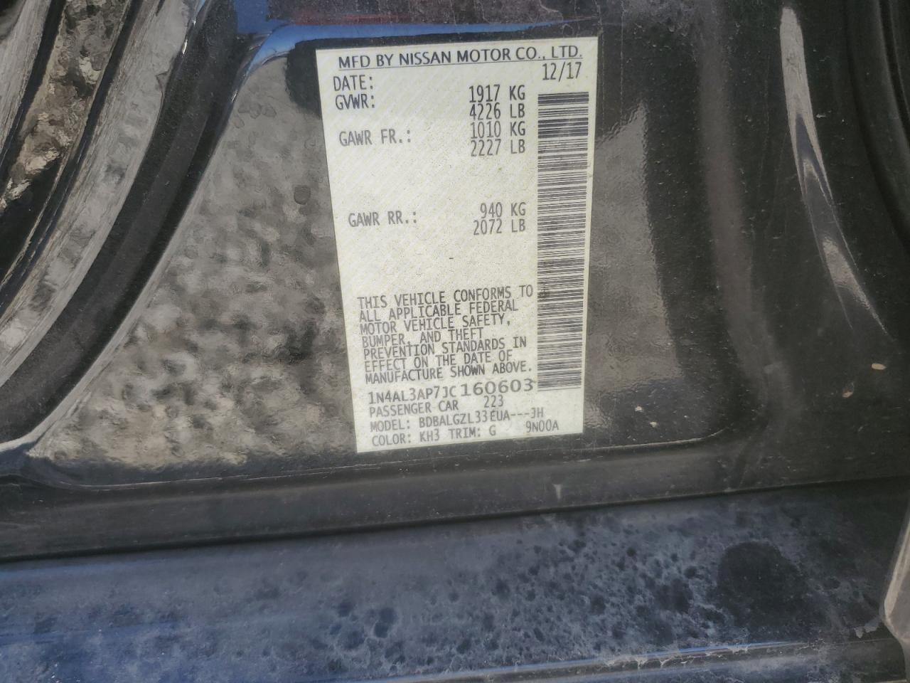 2018 Nissan Altima VIN 1N4AL3AP7JC160603 Copart auction photo, vandalism damage thumbnail 14