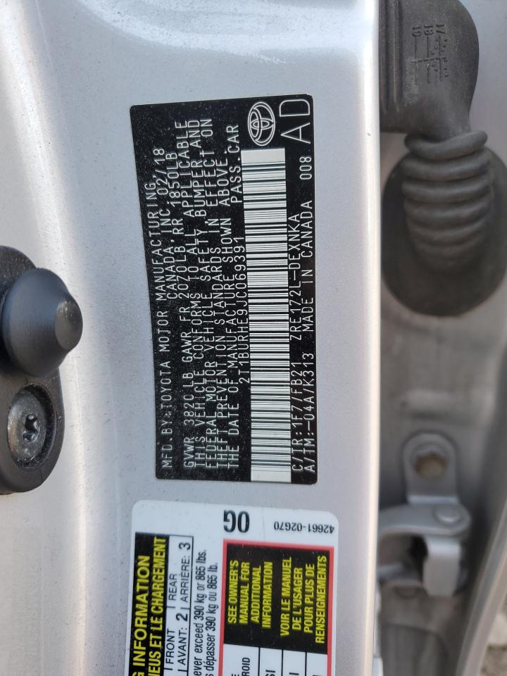 2018 Toyota Corolla VIN 2T1BURHE9JC069391 Copart auction photo, front end / side damage thumbnail 12