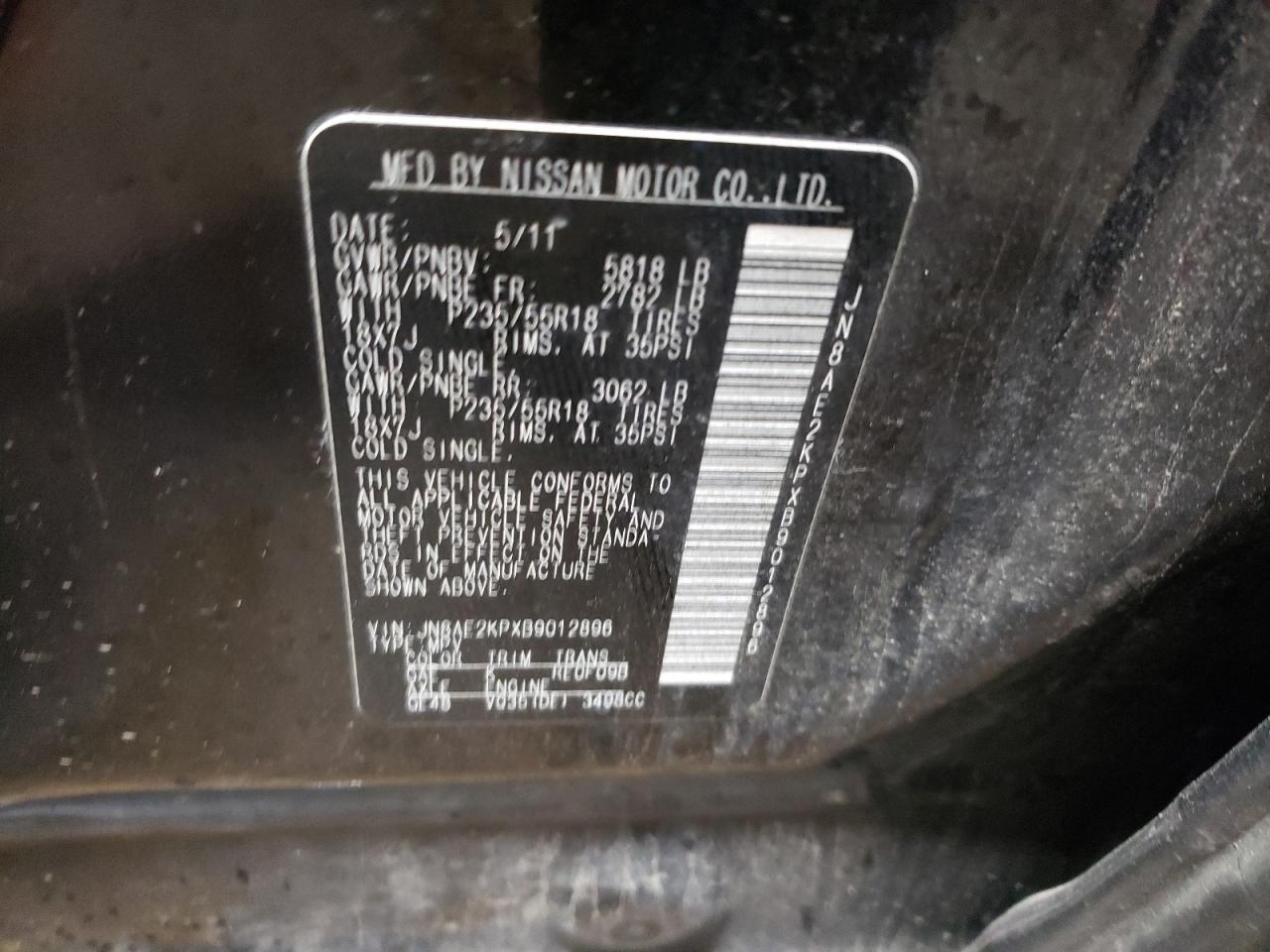 2011 Nissan Quest VIN JN8AE2KPXB9012896 Copart auction photo, mechanical damage thumbnail 13