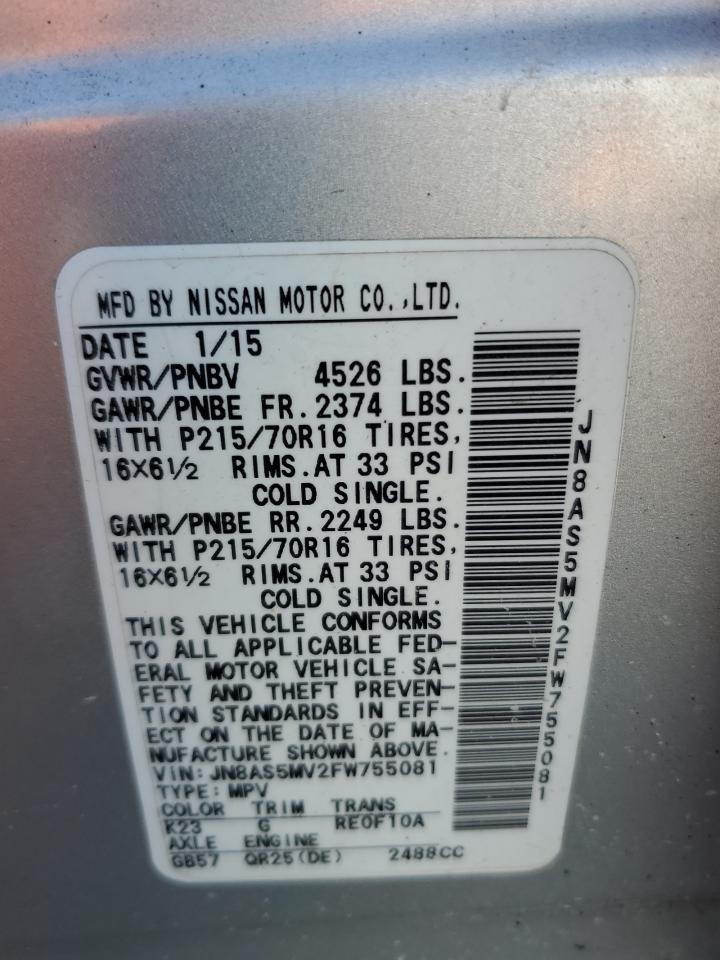 2015 Nissan Rogue VIN JN8AS5MV2FW755081 Copart auction photo, front end / side damage thumbnail 13
