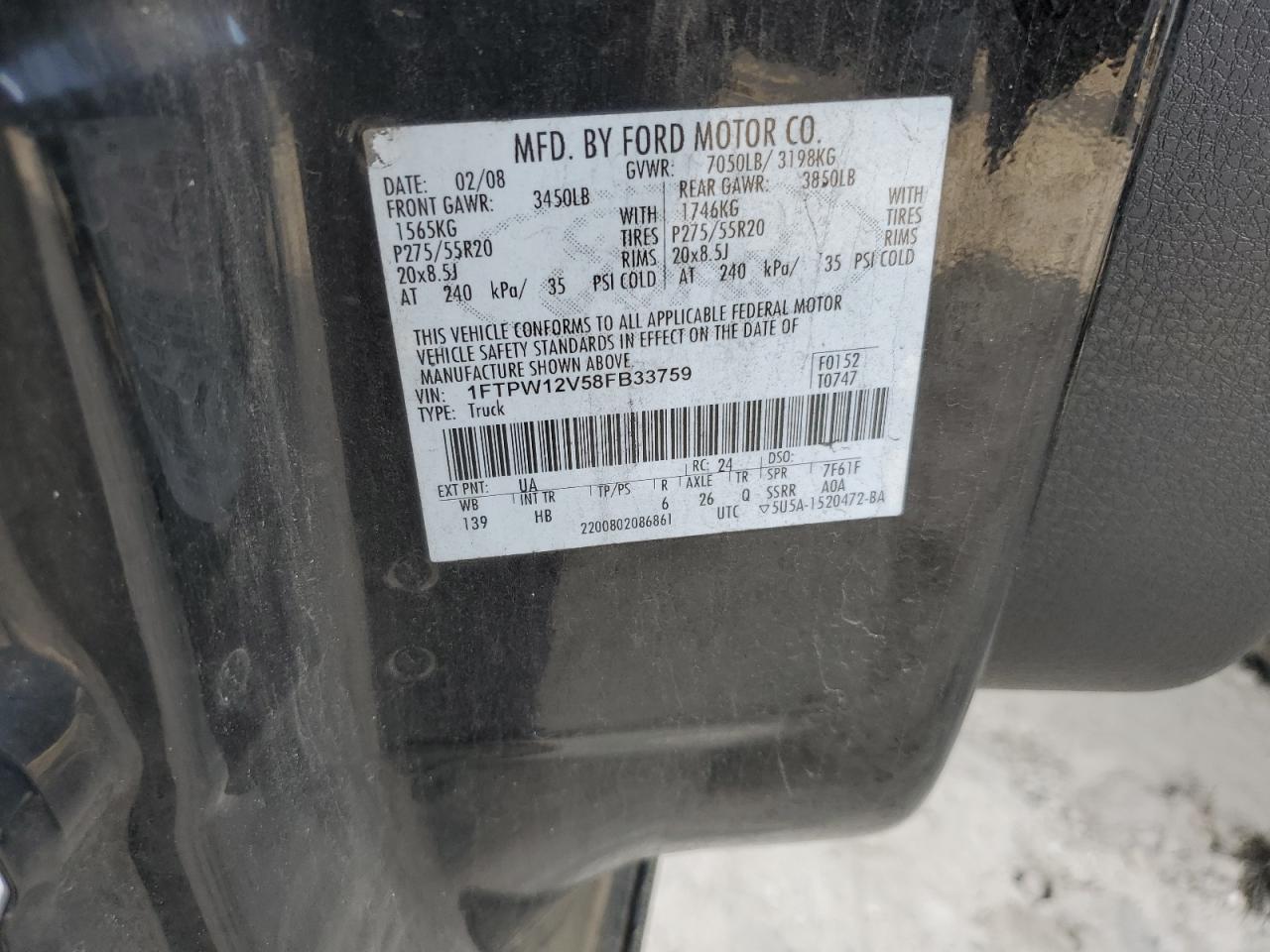 2008 Ford F-150 VIN 1FTPW12V58FB33759 Copart auction photo, front end damage thumbnail 12