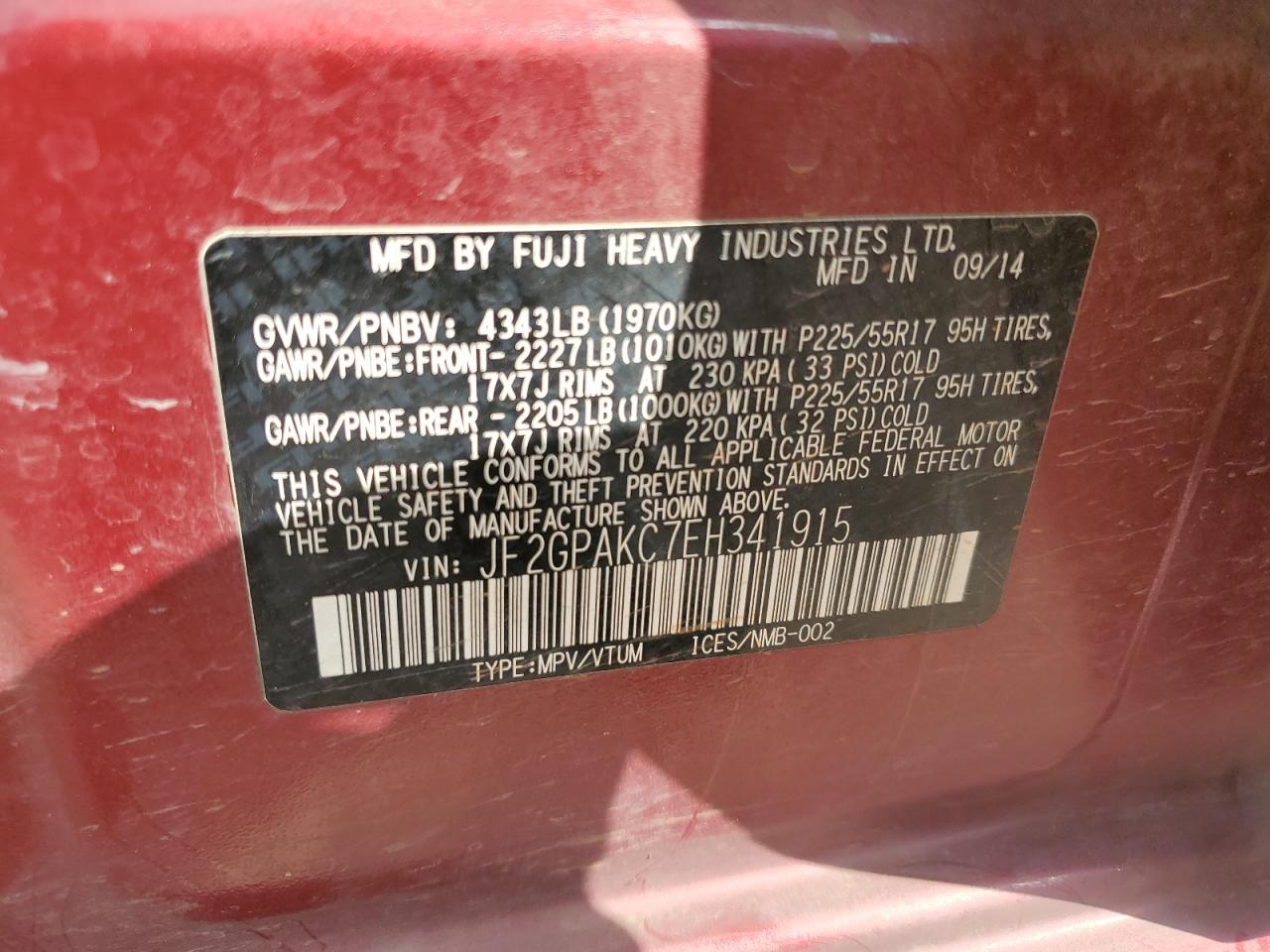 2014 Subaru XV VIN JF2GPAKC7EH341915 Copart auction photo, hail / minor dent/scratches damage thumbnail 13