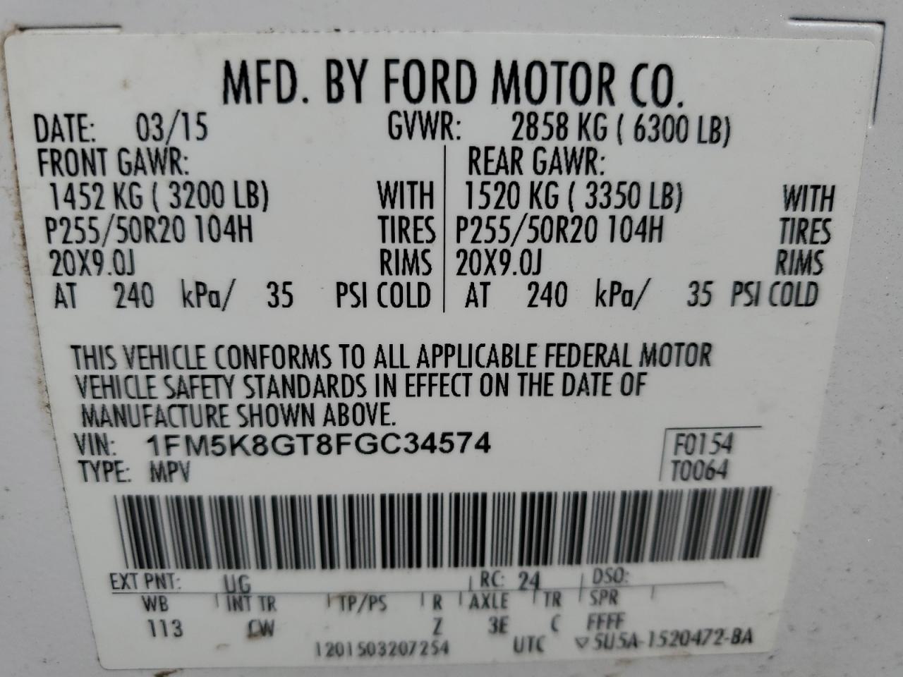 2015 Ford Explorer VIN 1FM5K8GT8FGC34574 Copart auction photo, front end damage thumbnail 14