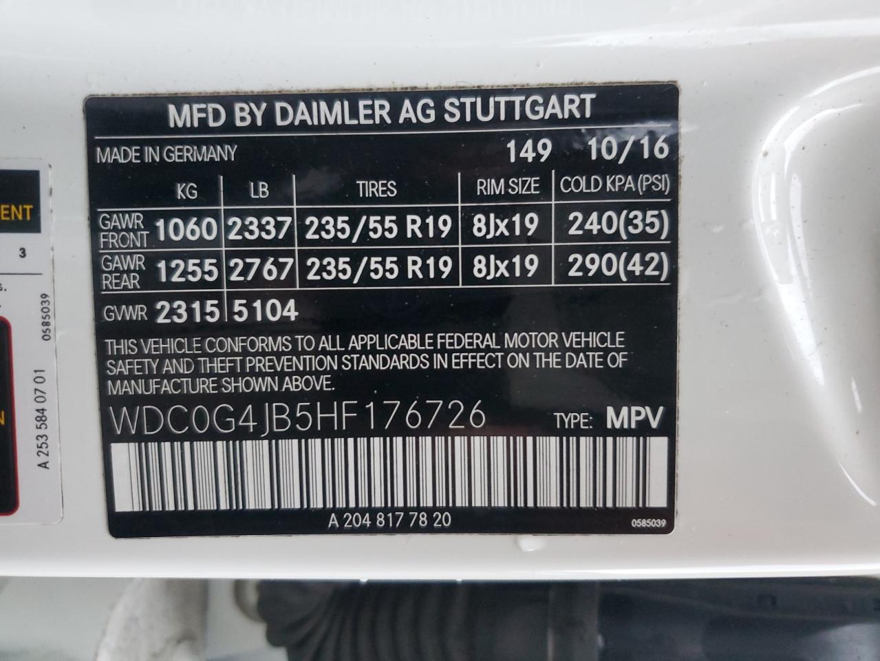 2017 Mercedes-Benz GLC VIN WDC0G4JB5HF176726 Copart auction photo, top/roof damage thumbnail 14