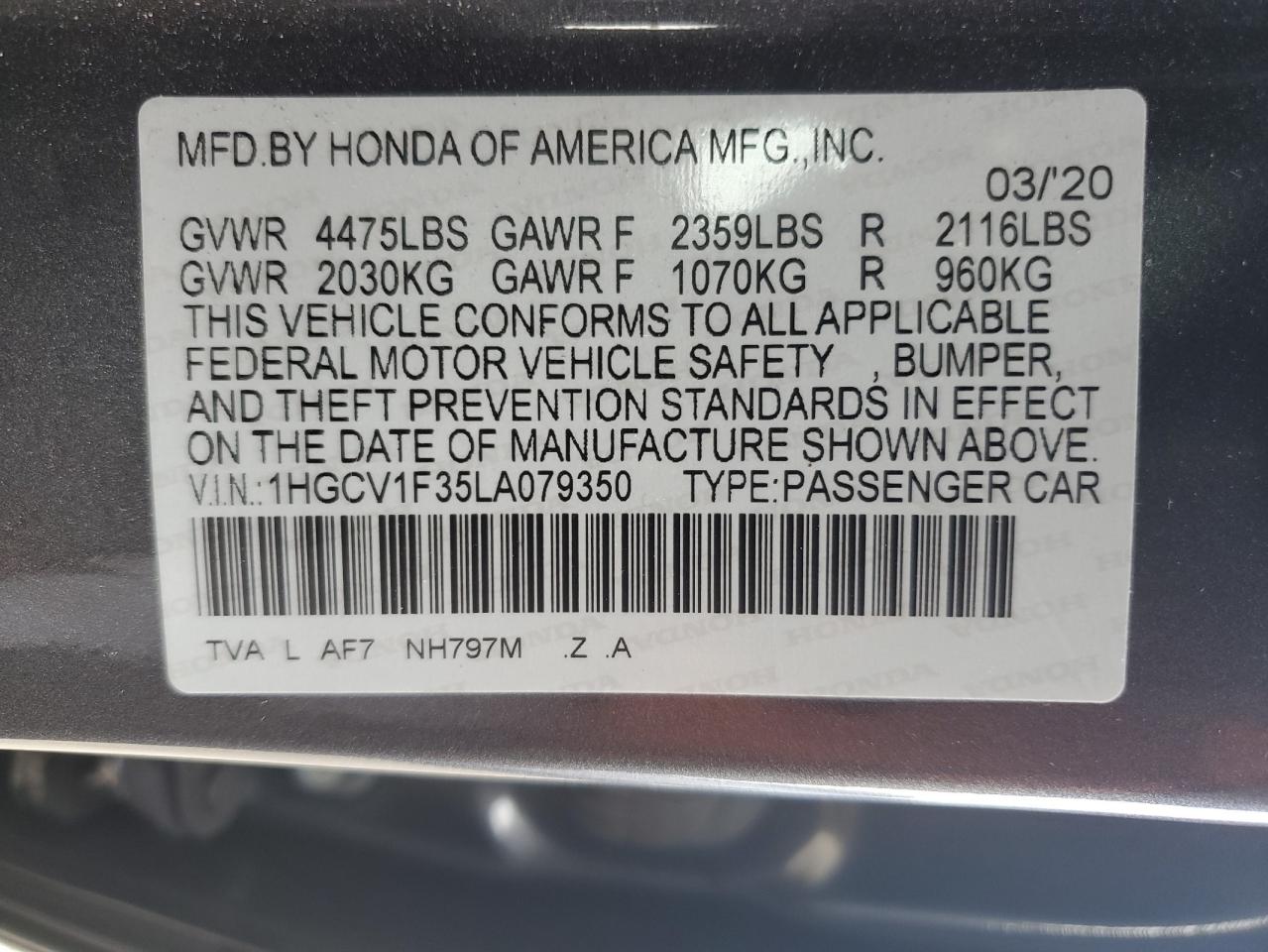 2020 Honda Accord VIN 1HGCV1F35LA079350 Copart auction photo, front end damage thumbnail 14