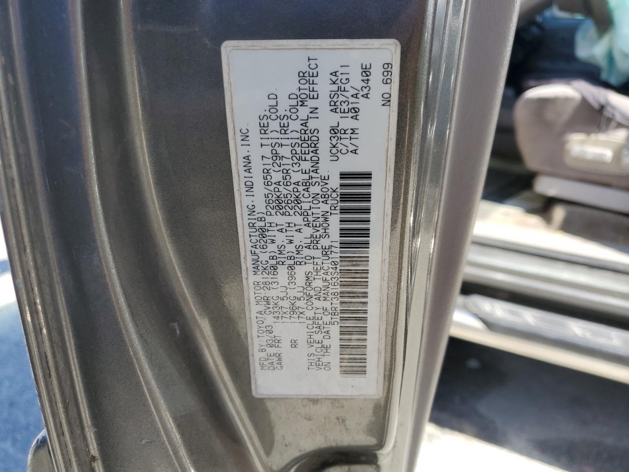 2003 Toyota Tundra VIN 5TBRT38163S401771 Copart auction photo, front end damage thumbnail 12