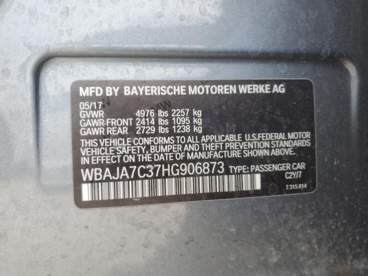 2017 BMW 5er VIN WBAJA7C37HG906873 Copart auction photo, front end damage thumbnail 12