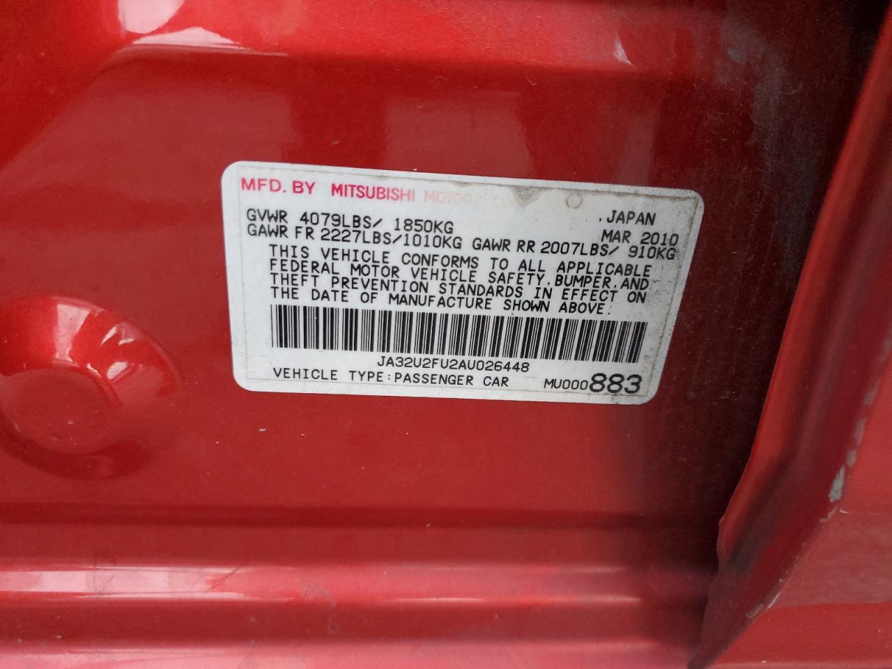 2010 Mitsubishi Lancer VIN JA32U2FU2AU026448 Copart auction photo, front end damage thumbnail 14