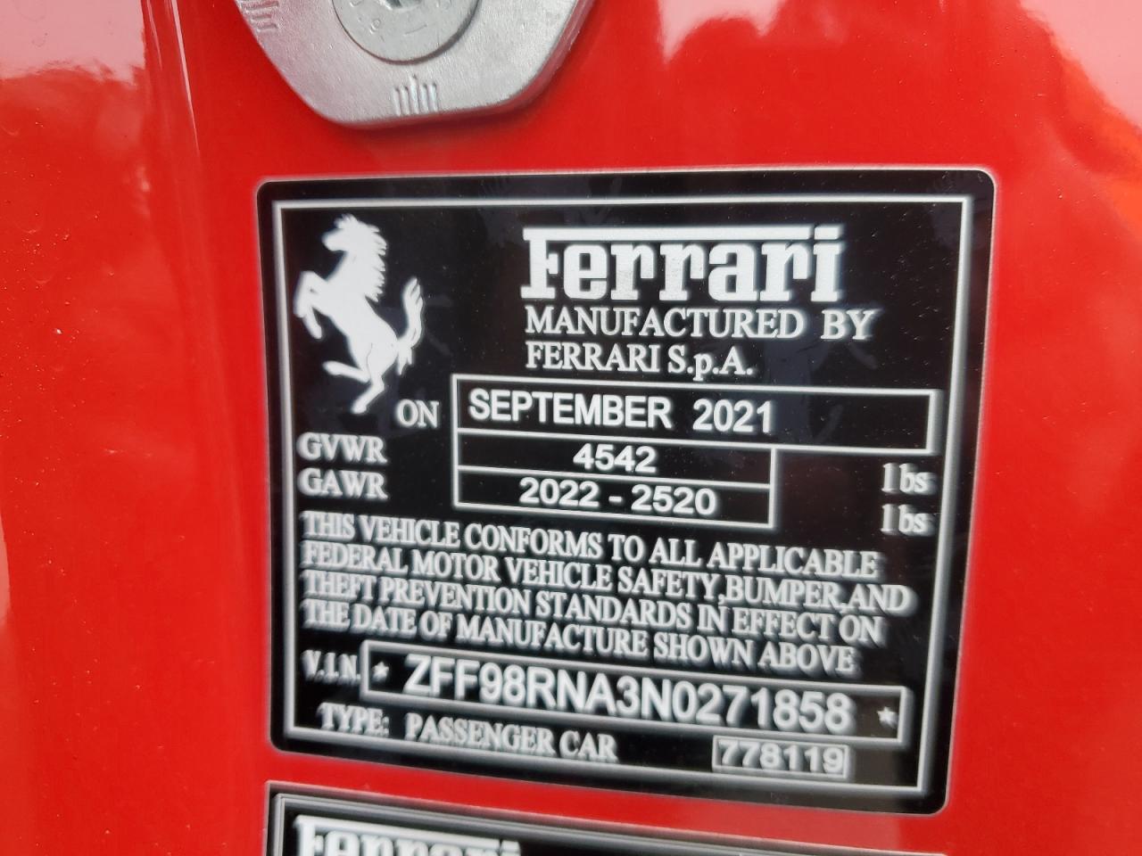 2022 Ferrari Roma VIN ZFF98RNA3N0271858 Copart auction photo, top/roof / side damage thumbnail 12