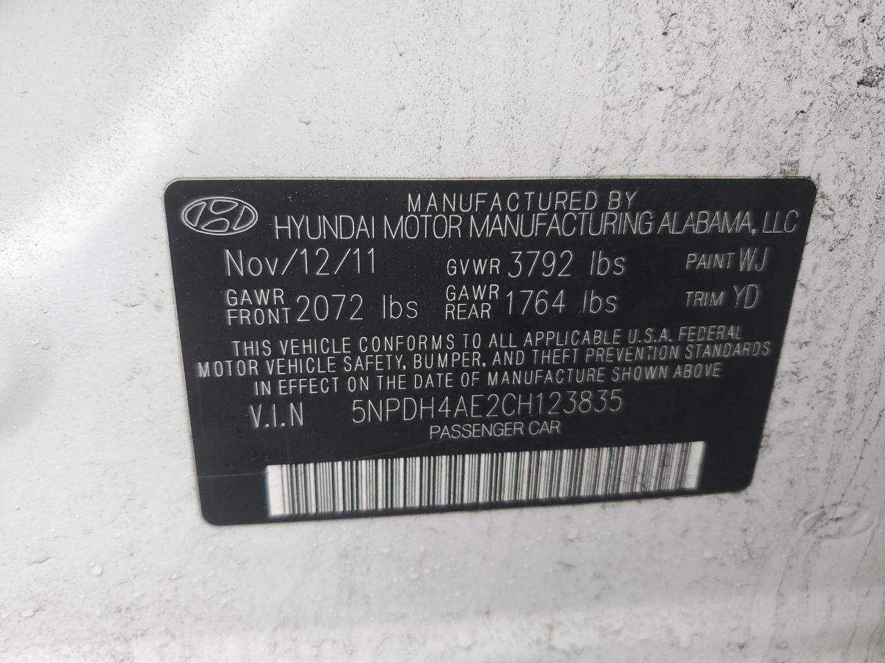 2012 Hyundai Elantra VIN 5NPDH4AE2CH123835 Copart auction photo, front end / rear end damage thumbnail 12
