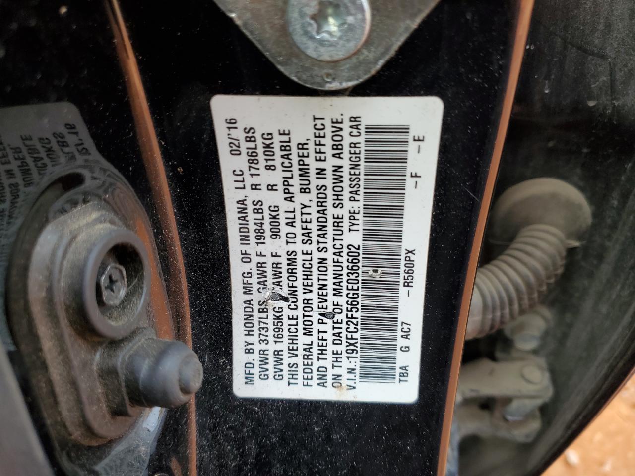 2016 Honda Civic VIN 19XFC2F56GE036602 Copart auction photo, front end / side damage thumbnail 12
