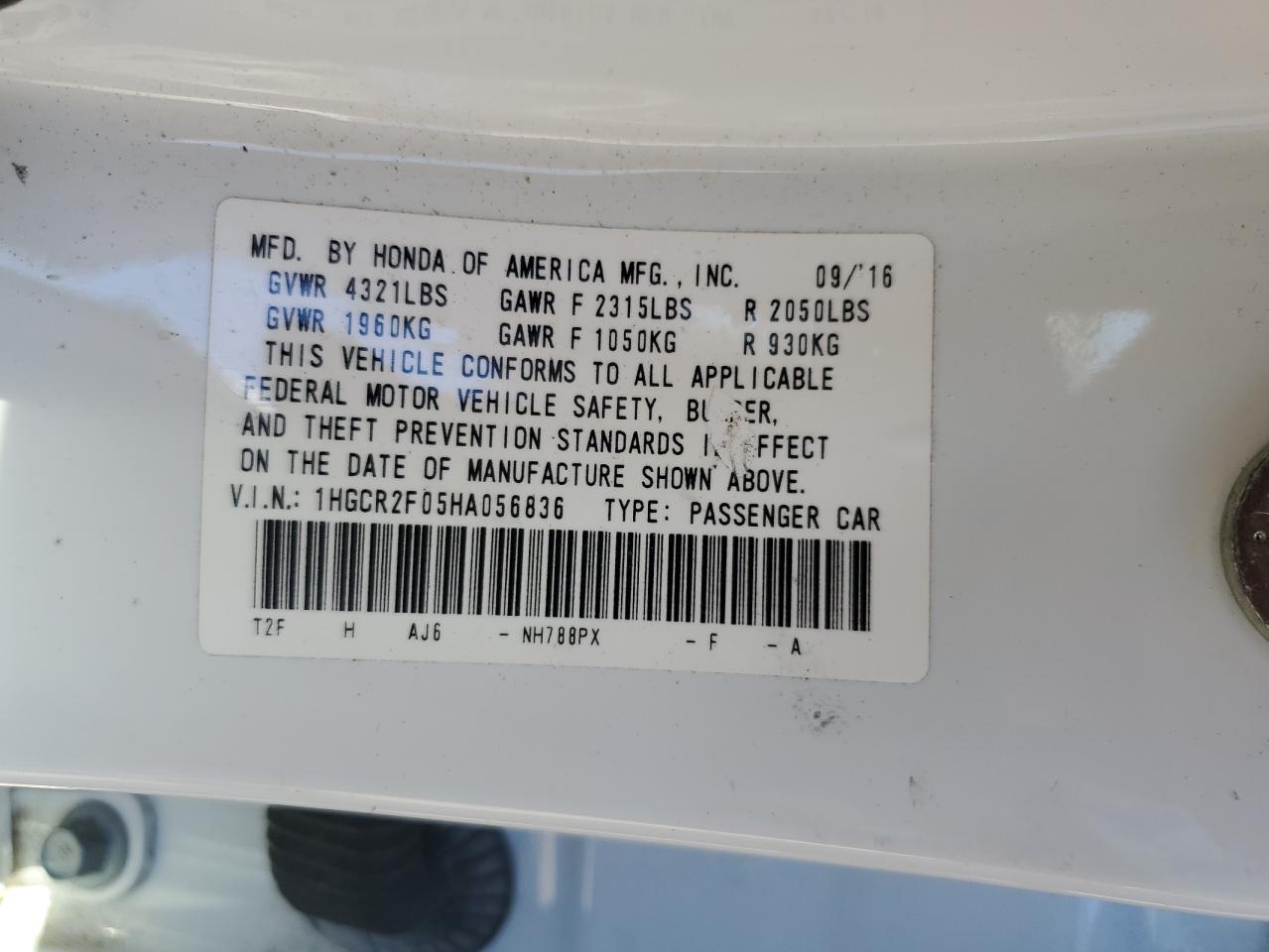 2017 Honda Accord VIN 1HGCR2F05HA056836 Copart auction photo, front end / side damage thumbnail 13
