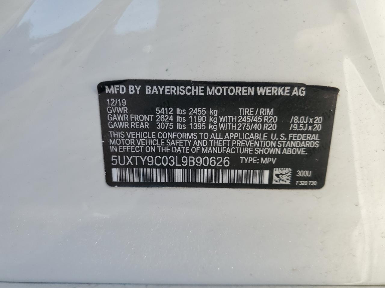 2020 BMW X3 VIN 5UXTY9C03L9B90626 Copart auction photo, front end damage thumbnail 13